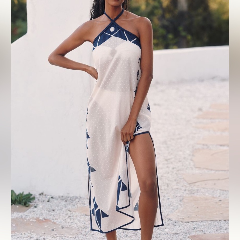 New FARM Rio Elegant Navy and Cream Fish Halter Swim Cover-Up